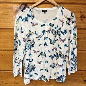 Talbots Women’s Large Petite Cardigan White With Butterflies Long Sleeve
